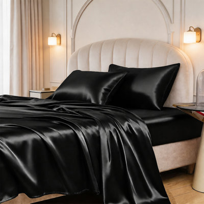 3-Piece Satin Sheets Set Twin Size, 15-Inch Deep Pocket, Luxury Silky Soft Cooling Bed Sheets, Wrinkle Resistant, Cozy Sleep, Black