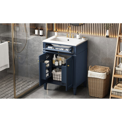 Meuble-lavabo 24 po avec 2 portes et tiroir coulissant, armoire de rangement pour salle de bain avec lavabo, portes à fermeture en douceur avec organisateurs