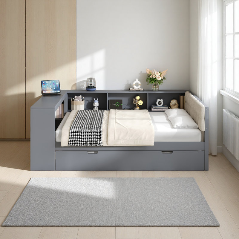 Lit plateforme en bois avec tablettes de rangement, lit gigogne, station de charge et tête de lit tapissier, Lit double, Gris