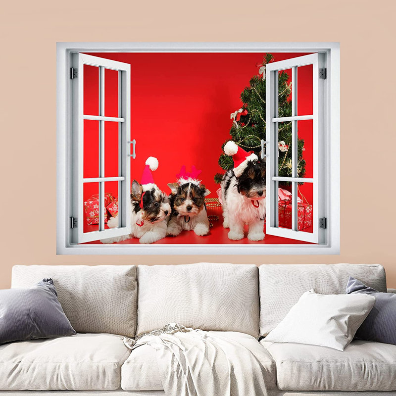 Adhésif mural mignon chiot père Noël, L 2,8 pi x l 2 pi