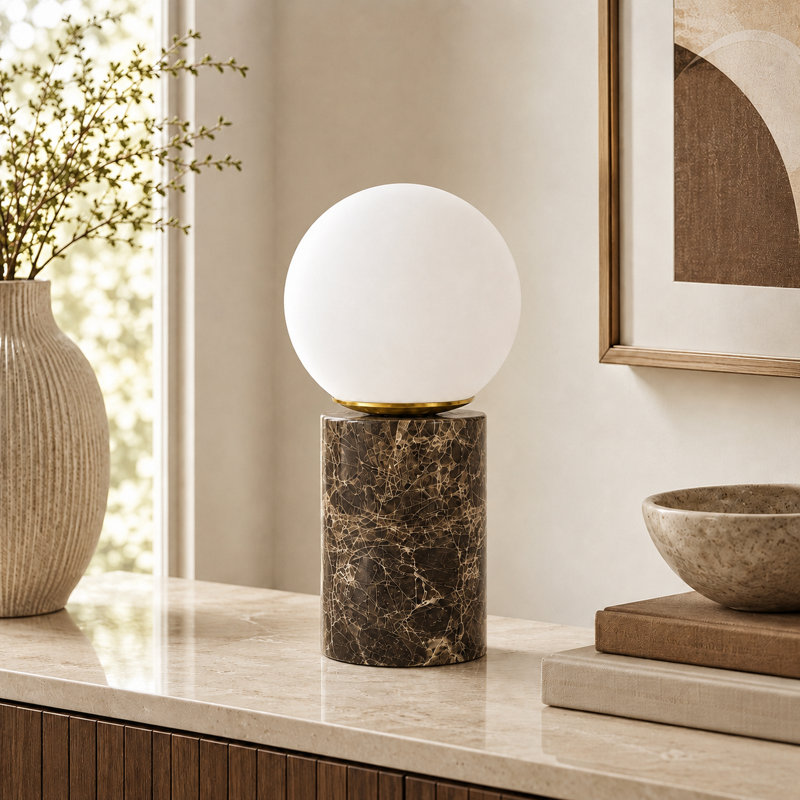 11.5" Modern Natural Brown Marble Table Lamp with Milky Glass Globe Shade, Brown