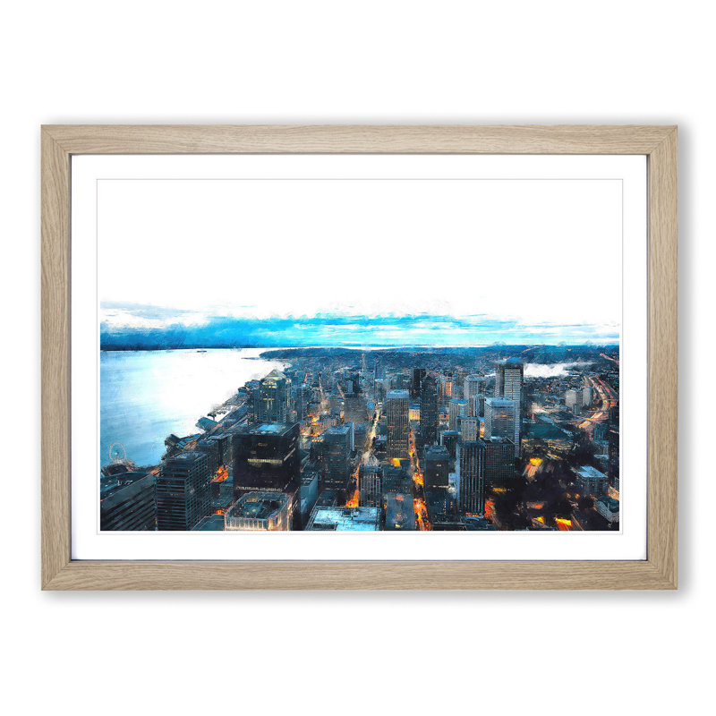 The Seattle Washington Skyline - Picture Frame Painting Print, 33cm H x 45cm W x 2cm D, Oak Framed