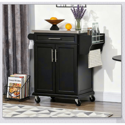 Versatile Rolling Kitchen Cart with Stainless Steel Countertop, Drawer, Towel Rack, and Spice Rack for Efficient Food Prep and Storage