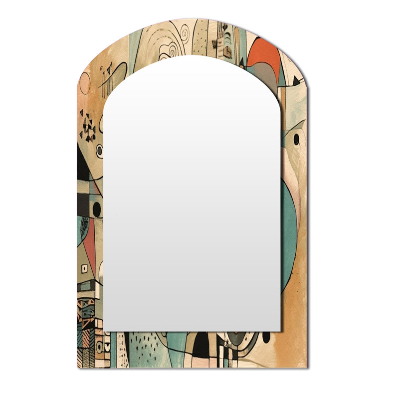 Golden Mid Century Boho Drawing - Minimalism Asymmetrical Decorative Wall Mirror, Modern Arch Mirror, Printed Metal Art