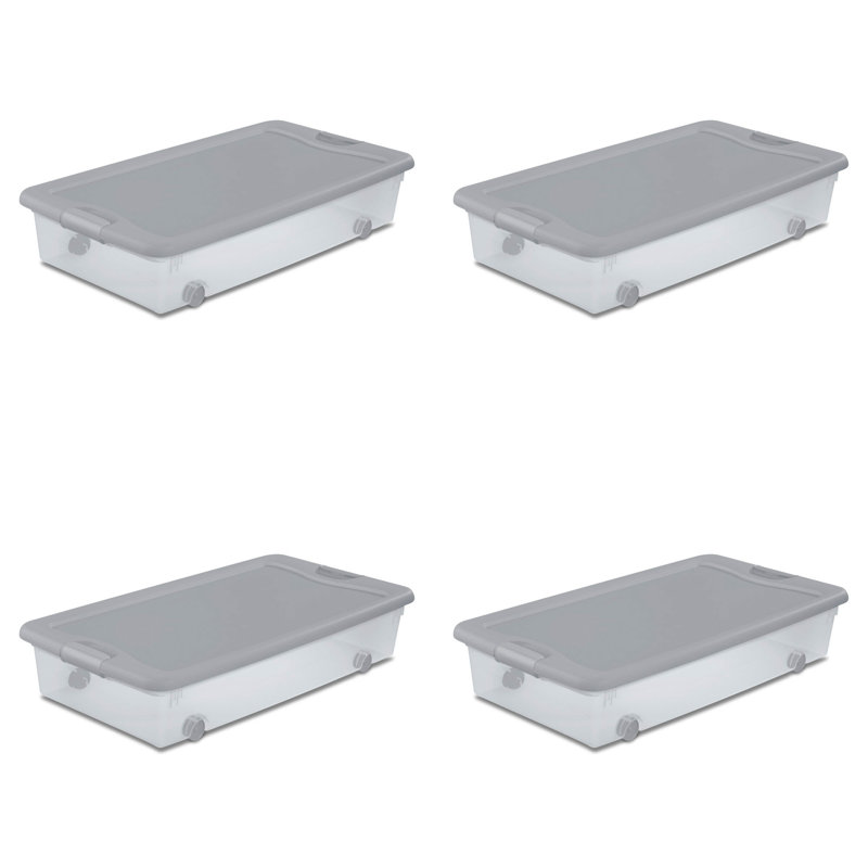 Sterilite 56 Qt Wheeled Under Bed Storage Container, Plastic Bin, Silver, 4 Pack