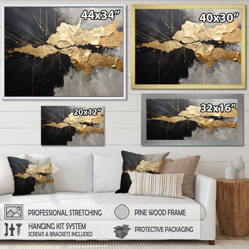 «Black and Gold Abstract Meditation I», art mural abstrait, H 16 po x l 32 po x P 1 po, Cadre flottant noir