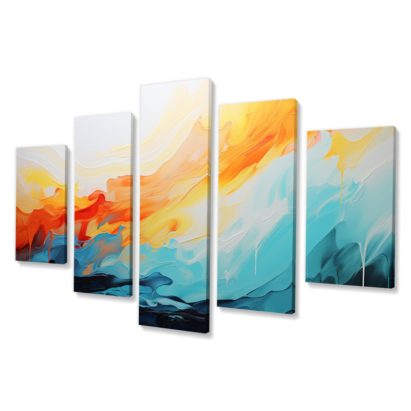 Bleu et orange, vagues abstraites colorées I - ensemble de peintures murales abstraites