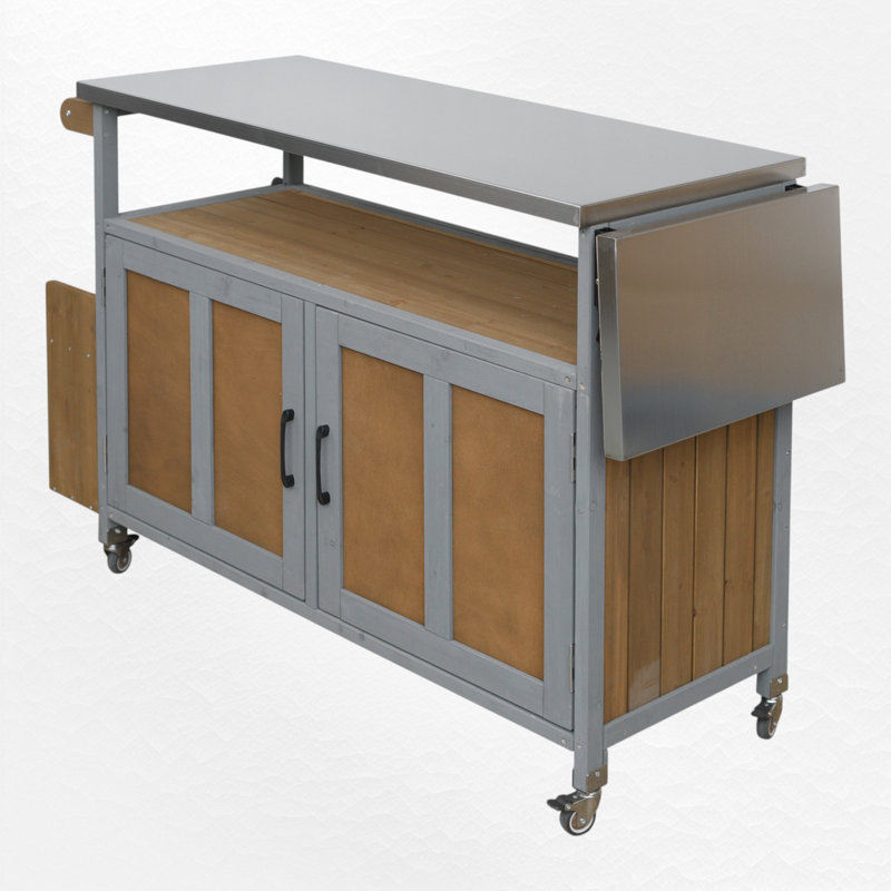 Chariot pour îlot de cuisine extérieur avec plateau en acier inoxydable, table d'appoint pliable et roues verrouillables