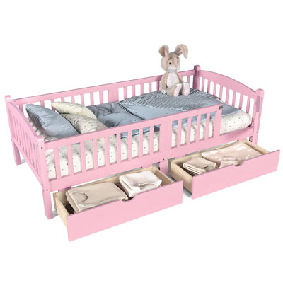 Twin Xl Platform Bed In Pink, Full - Length Guardrails, Spacious Storage, Design Pink For , Guardrails Security, Storage Drawers Room Organization