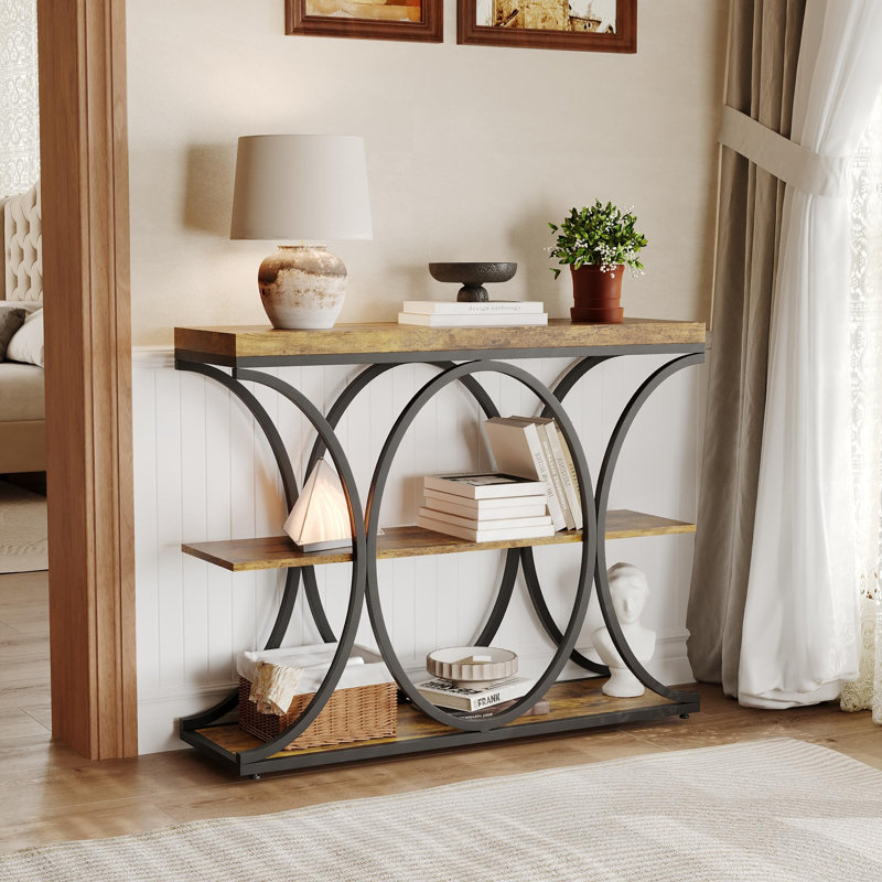Table d'entrée industrielle 39 po, console à 3 niveaux avec structure en métal Hale-Circle, table d'appoint avec tablettes de rangement en bois, pour entrée, couloir, salon, vestibule, brun rustique
