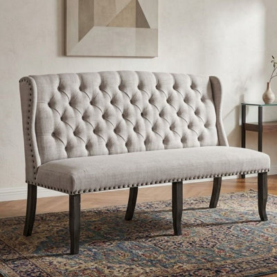 Banc d'entrée/chambre à coucher Sania III 66 po, noir antique/beige, avec dossier capitonné et garniture cloutée
