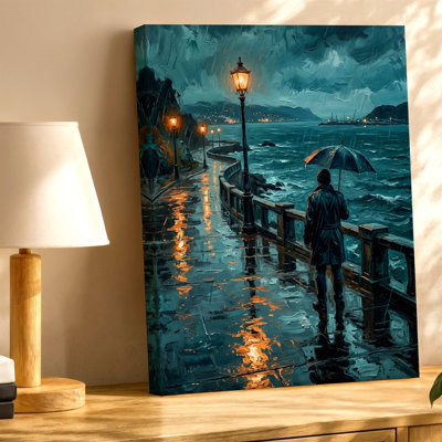 Rainy Seaside Promenade Man with Umbrella Coastal Night Canvas Wall Art Print, Decorative Contemporary Nature Landscape Artwork for Living Room Bedroom Office Hallway Apartment Gallery Wall Home Decor