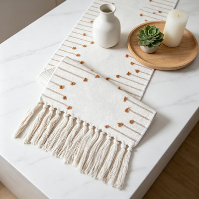 Boho Table Runner Natural Cotton Woven Runner With Tassels For Dining Table, Modern Farmhouse Coffee Table Decor, Striped Design