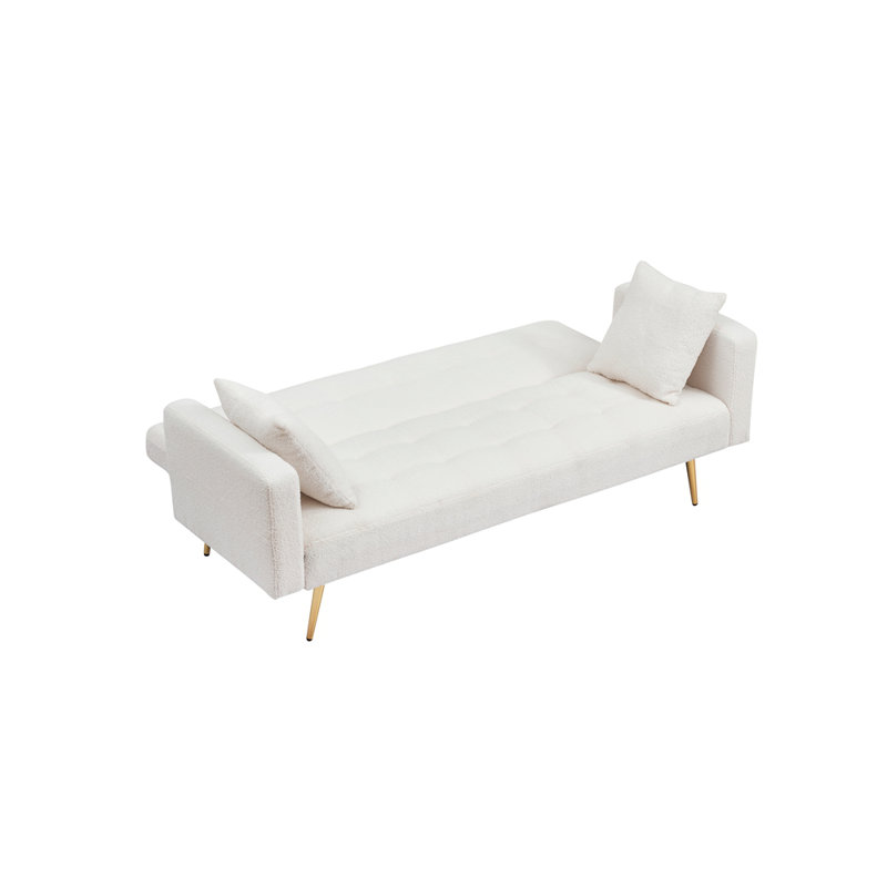 Canapé-lit en molleton Teddy, accompagné de deux coussins décoratifs luxueux pour un confort accru, Beige