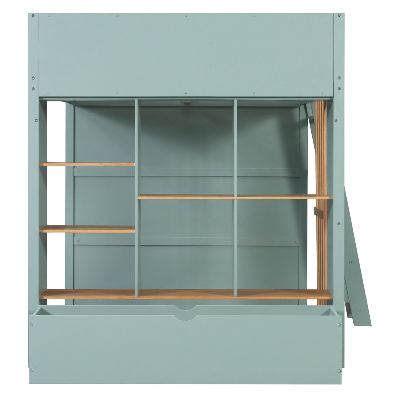 Lit mezzanine en bois, taille standard, avec étagères de rangement, échelle et tiroir sous le lit, lit d'appoint pour enfant, vert menthe et chêne naturel