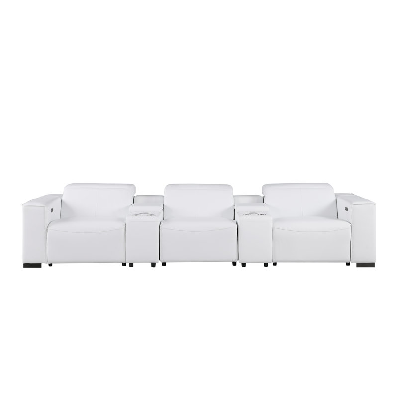 Luxueux canapé inclinable électrique en cuir véritable 5 pièces - 3 fauteuils inclinables et appuis-tête électriques, Blanc