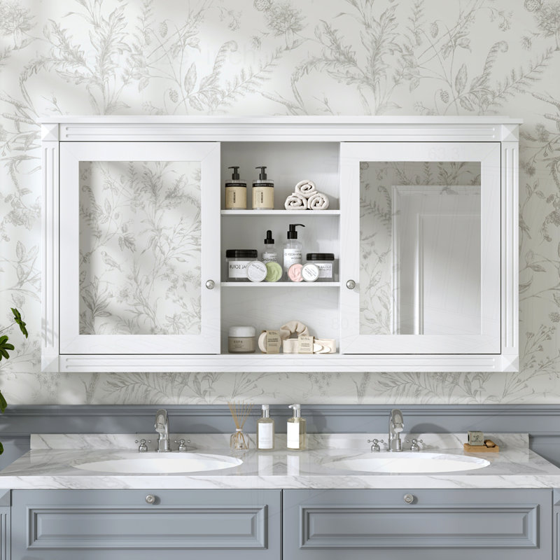 Armoire à miroir 55 pouces 2-en-1 murale avec tablettes réglables, Blanc