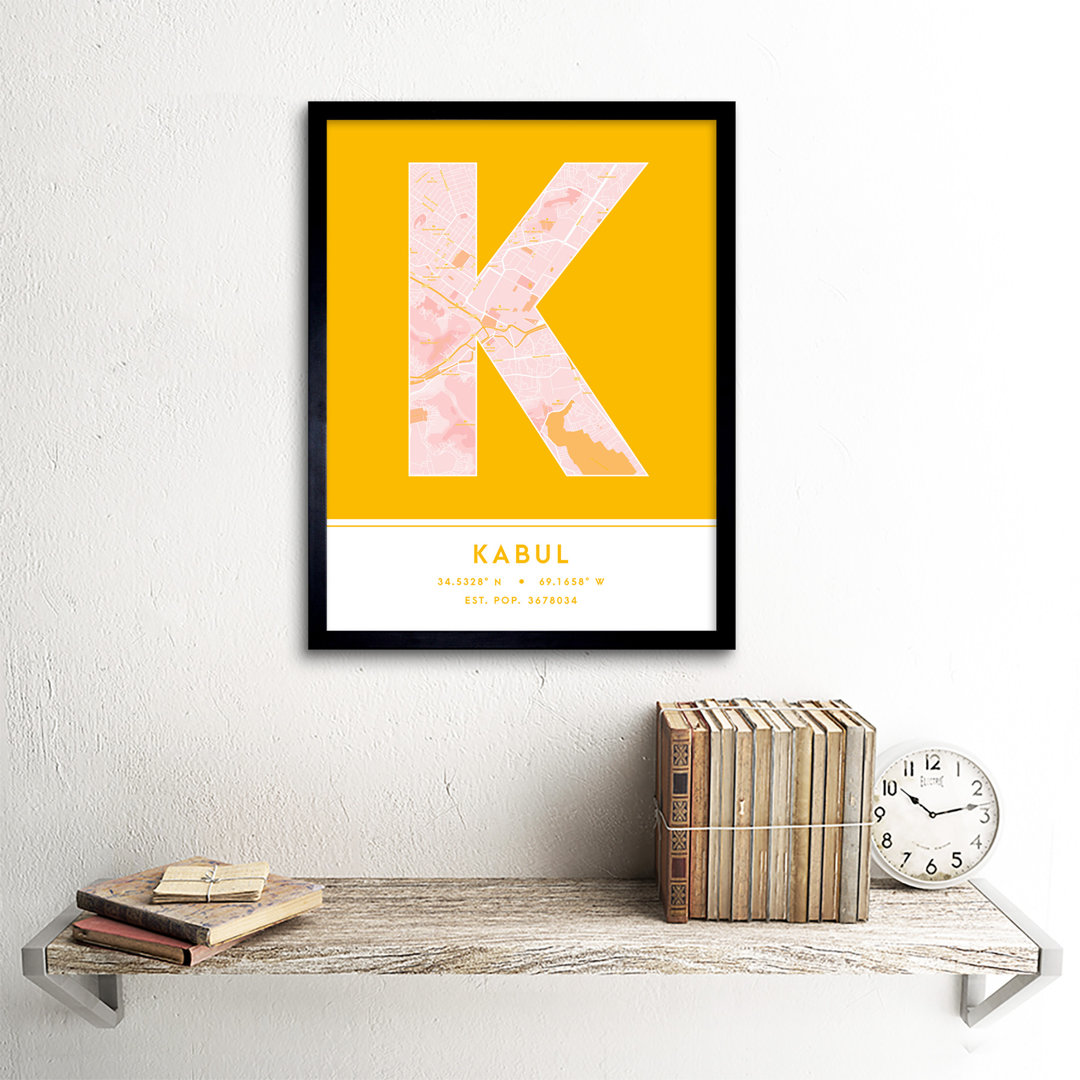 Kabul City Map Kabul Yellow by Wee Blue Coo - Single Picture Frame Typography