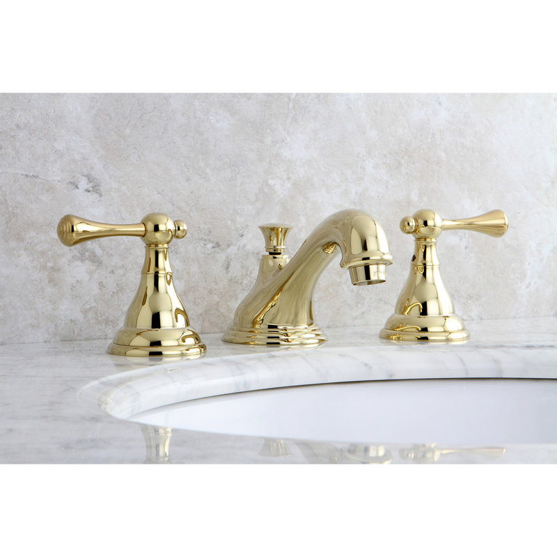 Kingston Brass Two-Handle 3-Hole Deck Mount Widespread Bathroom Faucet with Brass Pop-Up Drain, Polished Brass