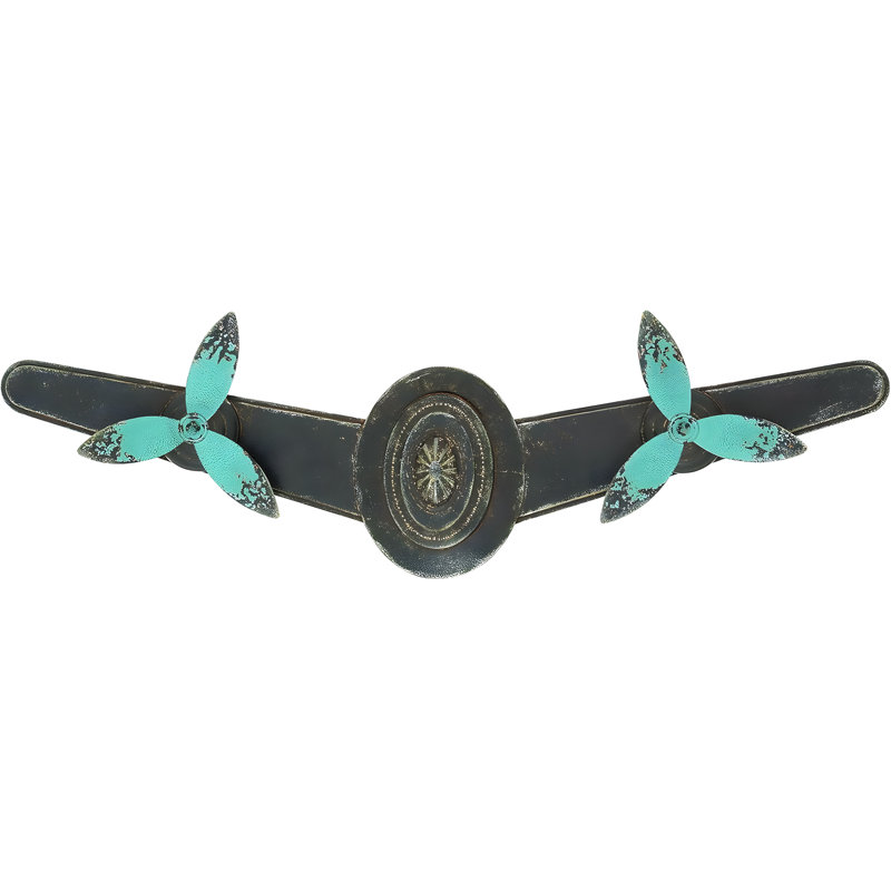 Vintage Metal Airplane Propeller Wall Decor With Teal Turbine Accents