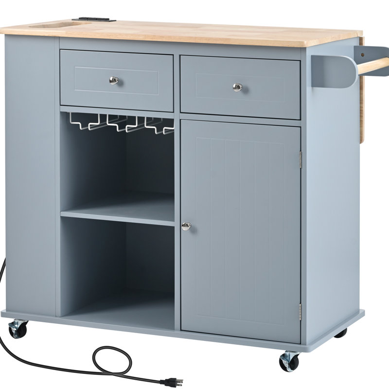 Îlot de cuisine gris-bleu avec prise de courant et rallonge pliable, 5 tablettes ouvertes, support à vin pour chariot domestique, bleu, 5 roues, rangement,