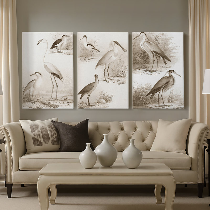 Oiseaux d'eau sépia I - Toile tendue avec châssis sur mesure - 3 pièces, H 12 po x l 24 po