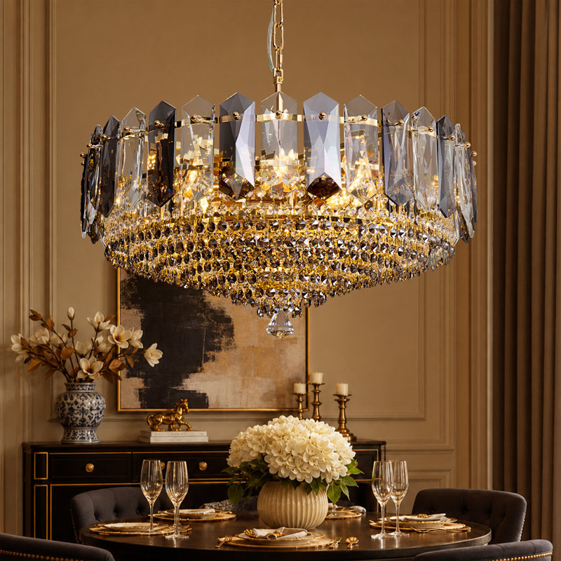 Luminaire suspendu rond en cristal 24 pouces champagne doré, 11 lumières avec chaîne réglable