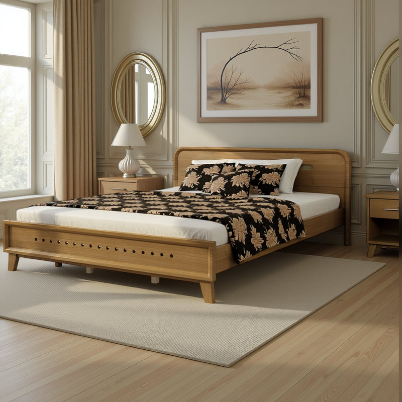 Lit plateforme avec cadre en bois massif et rangement sous le lit, Jaune, Grand lit