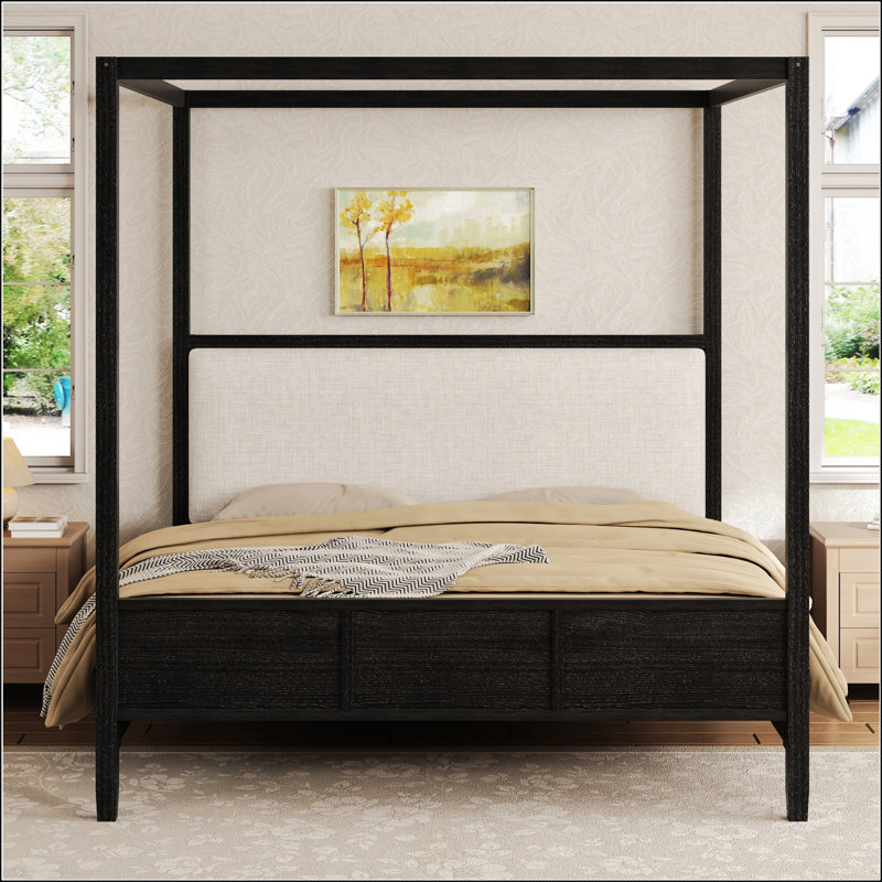 Grand lit plateforme à baldaquin en bois avec tête de lit tapissier, aucun sommier requis, Queen, Black