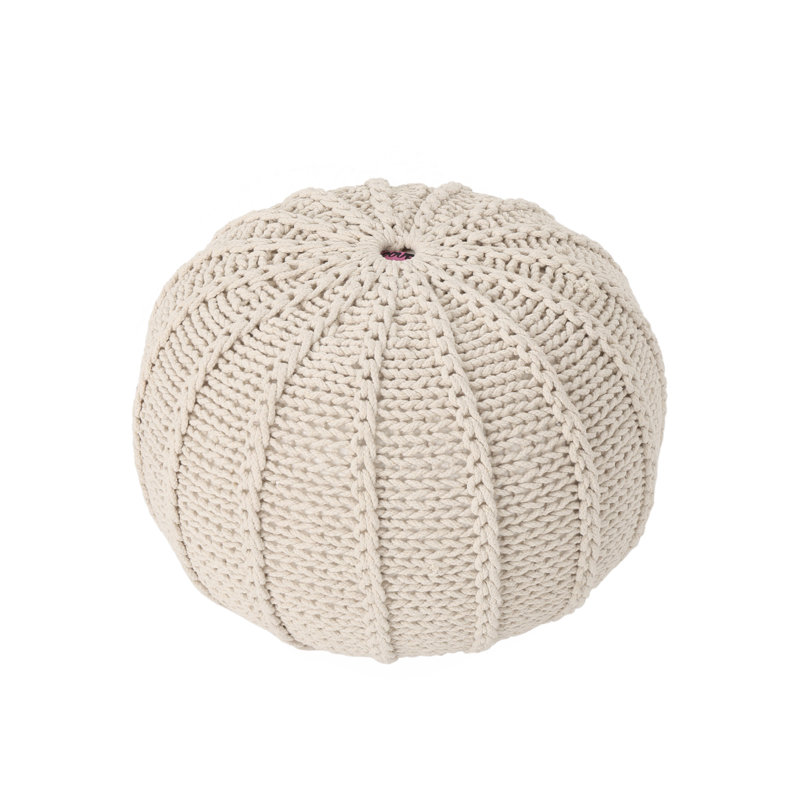 Knitted Cotton Round Pouf, Beige Cotton