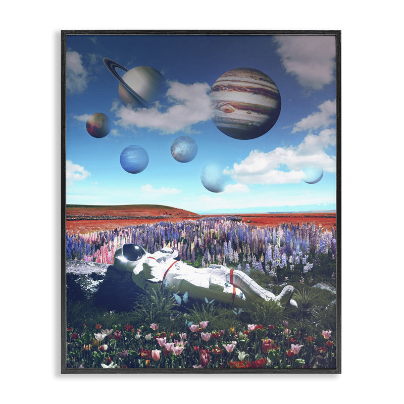 Astronaute et planètes suspendues, estampe numérique de Reinders, Giclée encadrée noir minuit, H 20 po x l 16 po