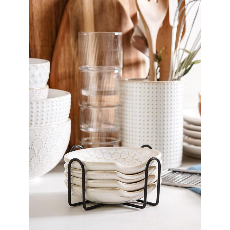 Repose-cuillère en céramique pour dessus de cuisinière avec support, ensemble de 4 ， blanc