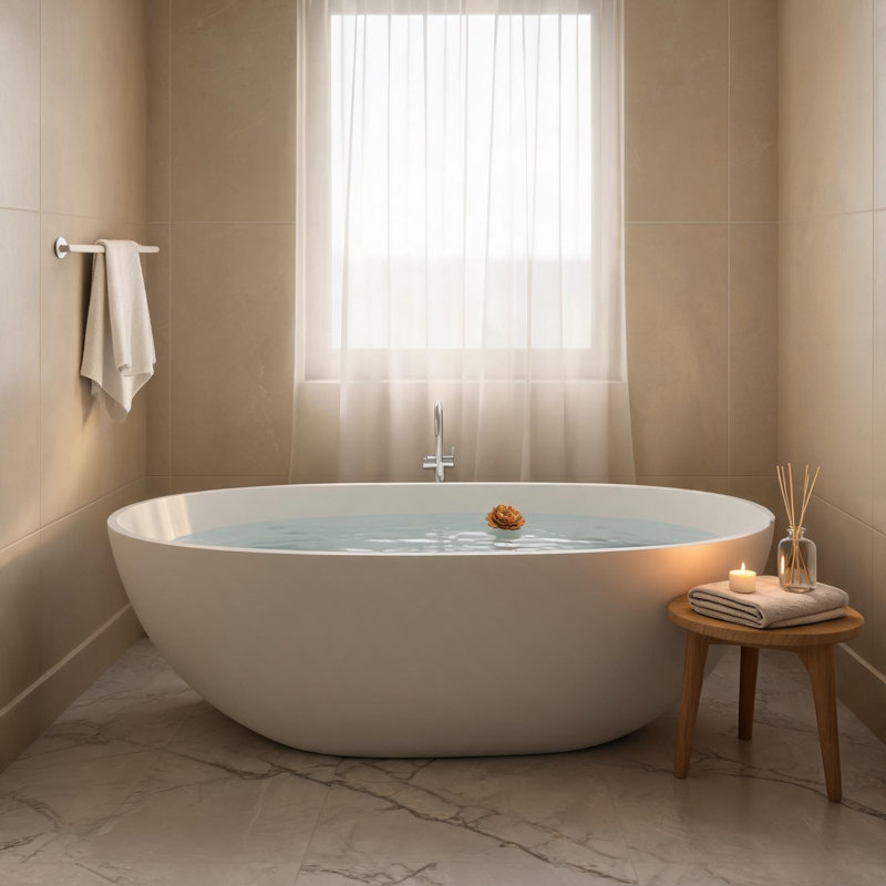 65 inch Matte White Solid Surface Deep Soaking Bathtub with Slip Resistant Contour