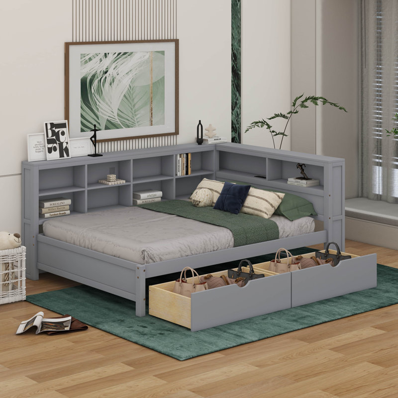 Lit de jour en bois avec tiroirs, tablette et ports de chargement USB, Gris