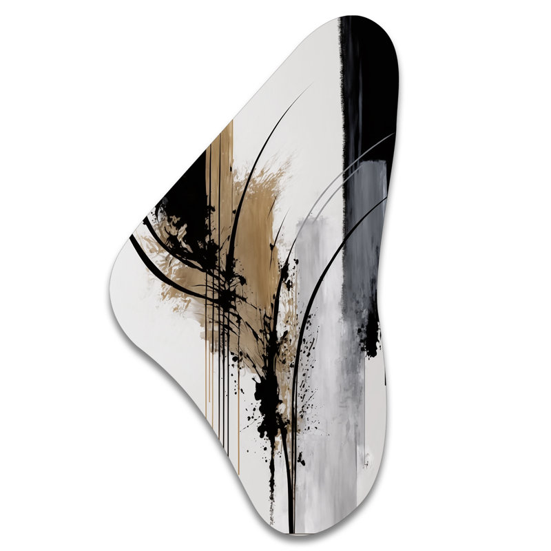 Art mural asymétrique en forme de Boomerang abstrait noir, blanc et or, H 39 po x l 21 po x P 1 po