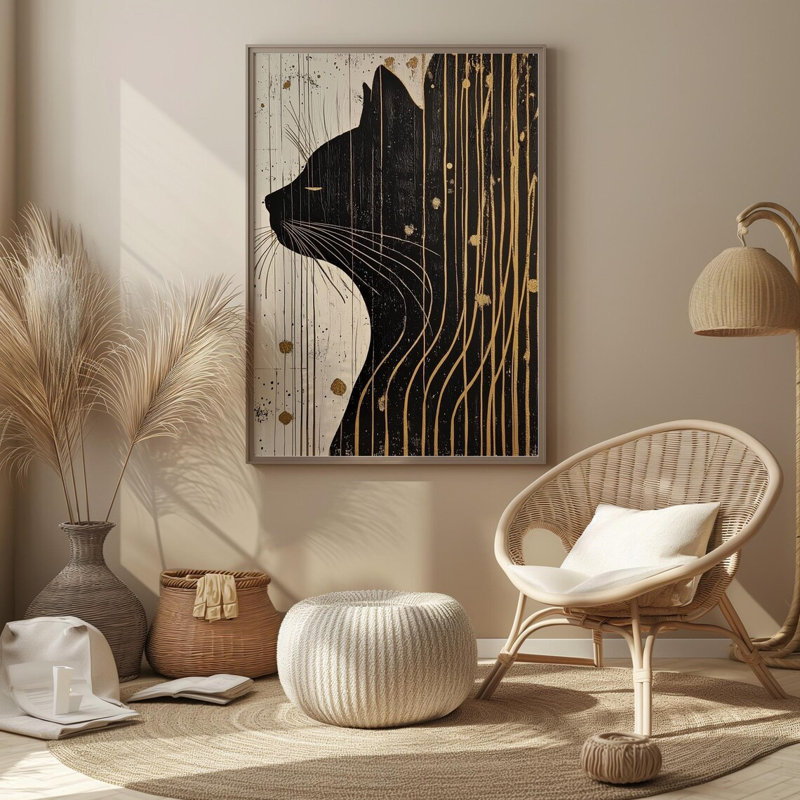 Black And Gold Cat Wrapped Canvas Wall Art, 20 cm H x 30 cm W