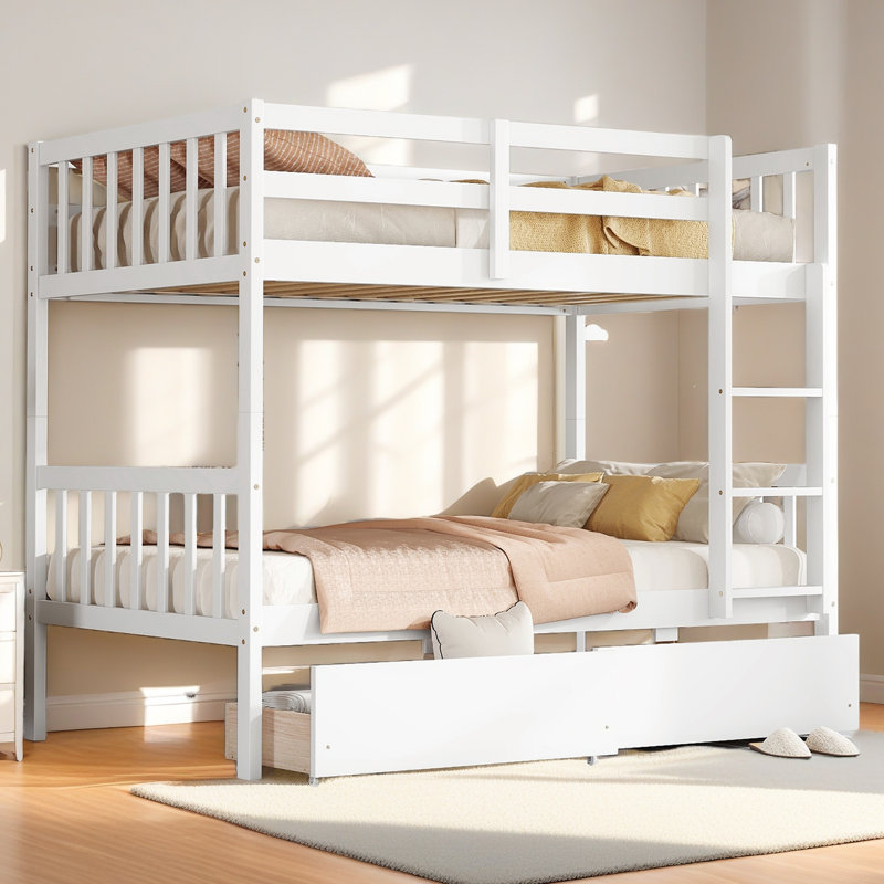 Lit simple superposé en bois d'hévéa simple avec 2 tiroirs, convertible en 2 lits simples, lit superposé simple avec échelle et garde-corps de sécurité