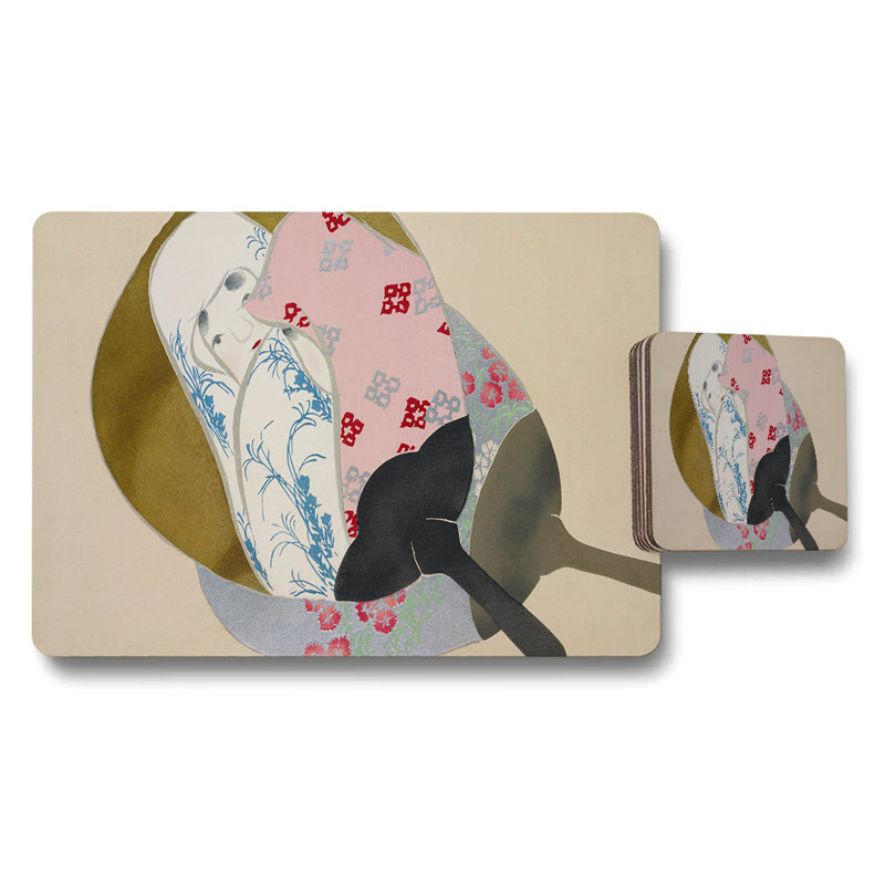 Placemat and Coaster Set With Abstract Floral Pattern