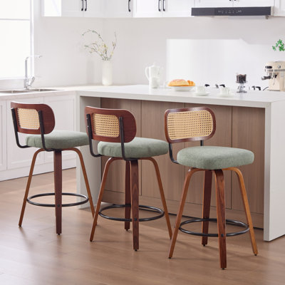 Set Of 3, 26-Inch Counter Height Bar Stools With Swivel, Cane Rattan Back, Walnut Black Finish, And Light Green Linen Upholstered Seats For Kitchen Island Or Bar | Gift Idea