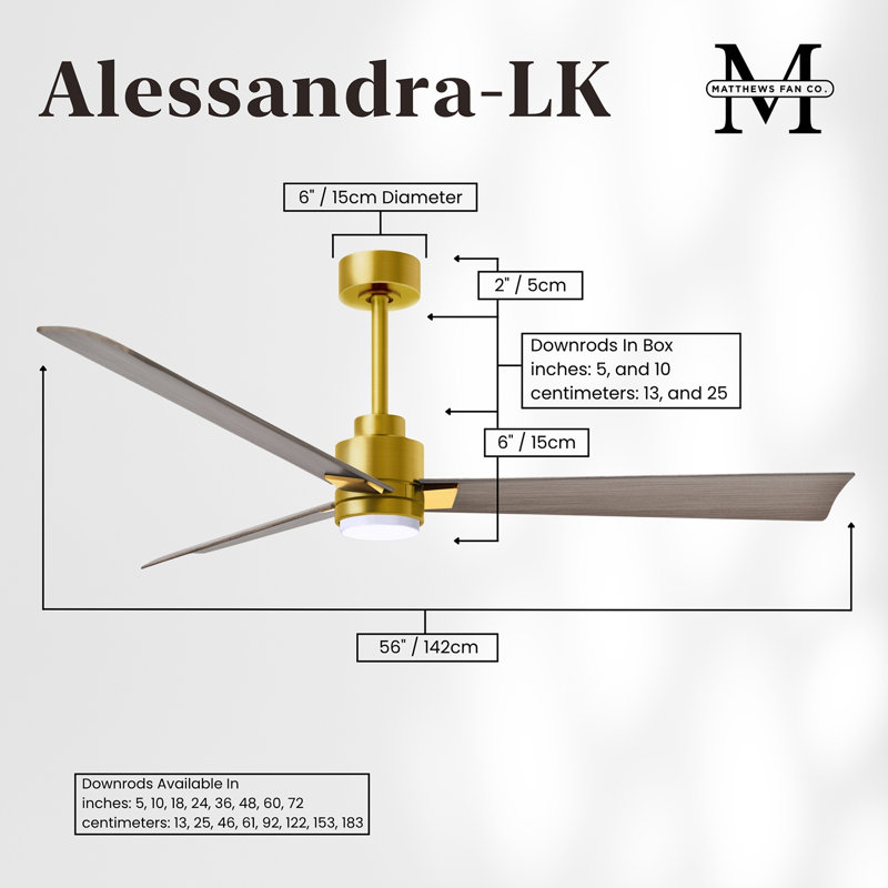 Alessandra - Three Blade Transitional Ceiling Fan -LED, Gray Ash Tone, Brushed Brass, 56"