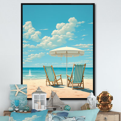 Chaises de plage rétro sous un ciel bleu clair I - reproduction sur toile