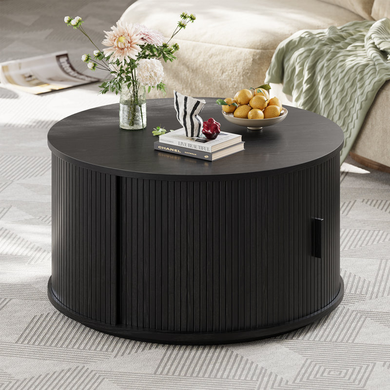 31.5" Modern Round Coffee Table With 360° Curved Sliding Door, Black