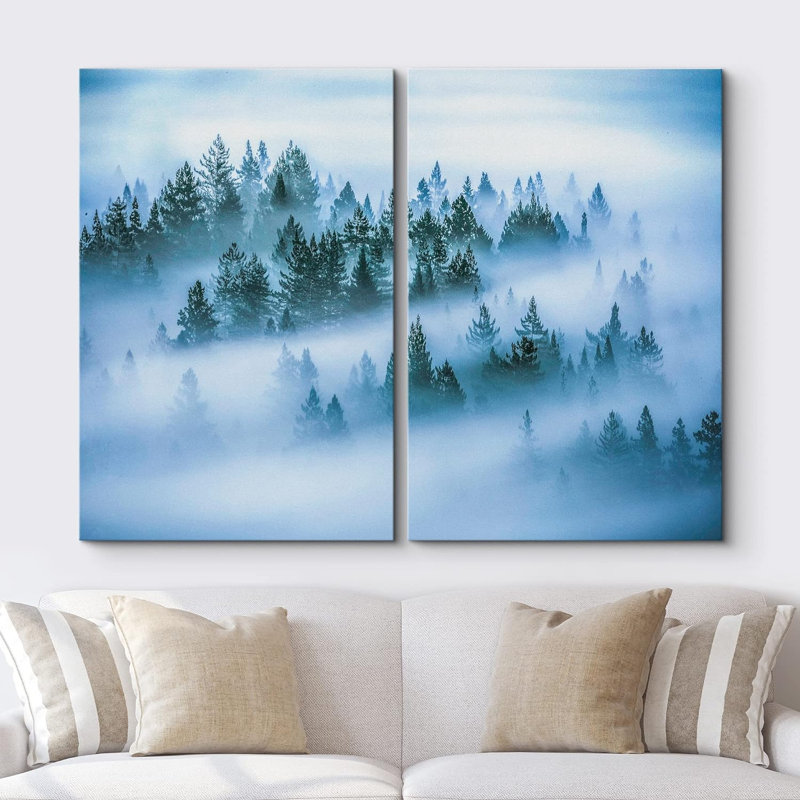 "Blue Mist & Fog Forest Tree Mountain Nature Landscape Decor Decor" sur toile, 2 pièces, H 36 po x l 48 po x P 1,5 po