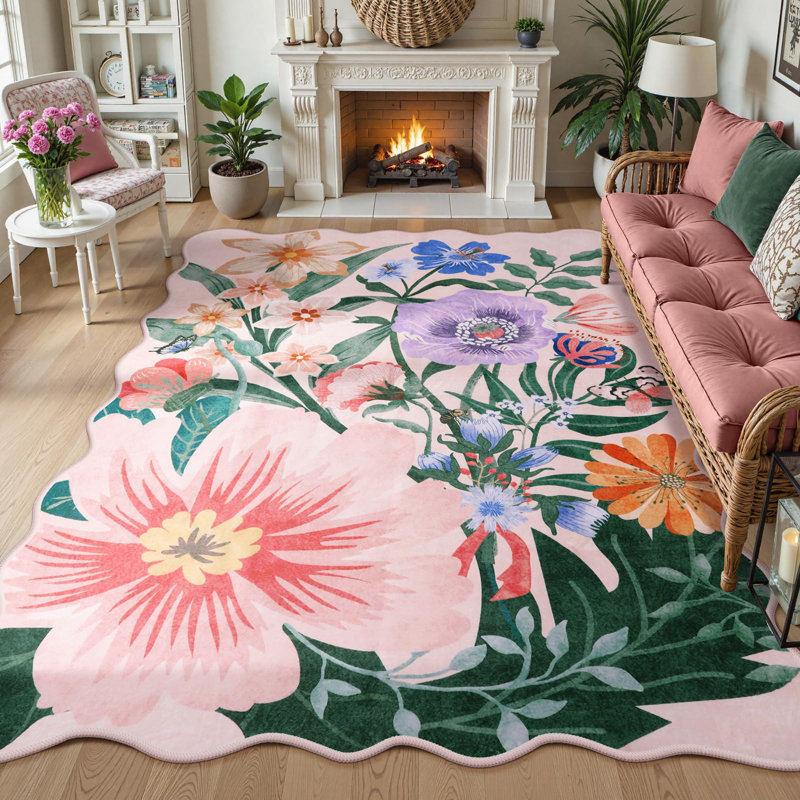 Tapis lavable pour tapis de salon antidérapant à motif floral antidérapant, Rectangulaire 8 pi x 10 pi