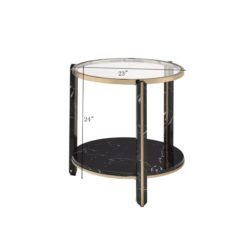 Round Glass and Faux Black Marble End Table with Champagne Trim