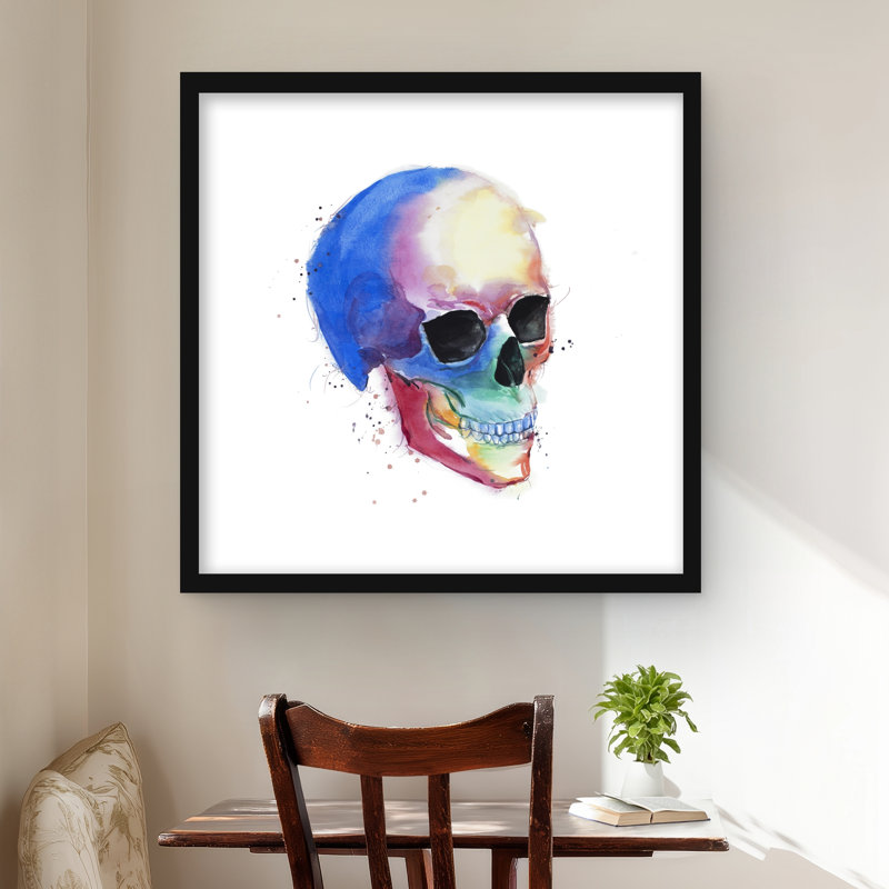 Reproduction encadrée aquarelle de crâne coloré | Décoration intérieure, H 24 po x l 24 po, Noir