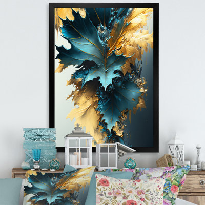 Abstrait bleu et feuilles d'or II - feuilles, art mural