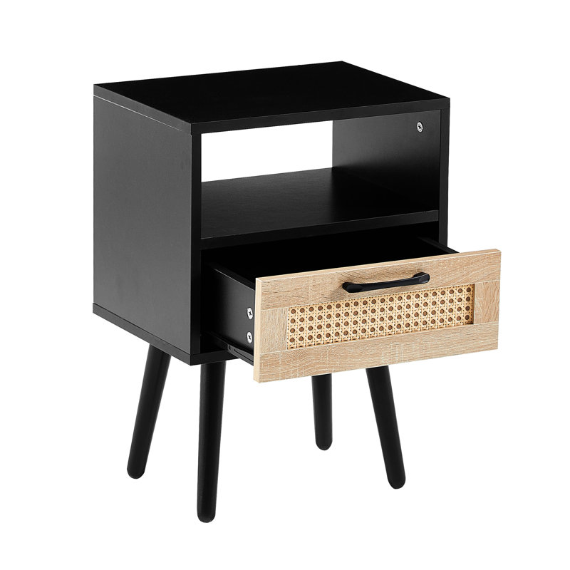 Table d'appoint moderne de 15,42 po avec pieds en bois massif pour la chambre à coucher, le salon - tiroir de chambre noir