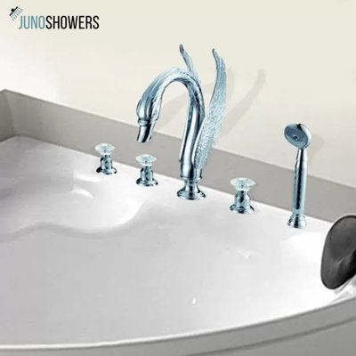 Juno Silver Plated Waterfall Bathroom Faucet, Triple Handle Deck Mounted Widespread Tub Faucet, Chrome Finish