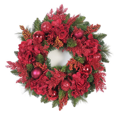 Christmas Wreath,24"  Hydrangea Ornaments, Red